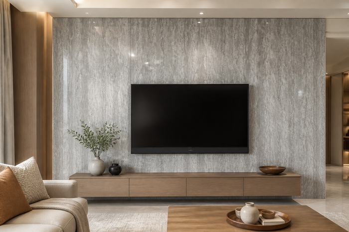 PVC Paneel Beton Grau Hochglanz im Raum