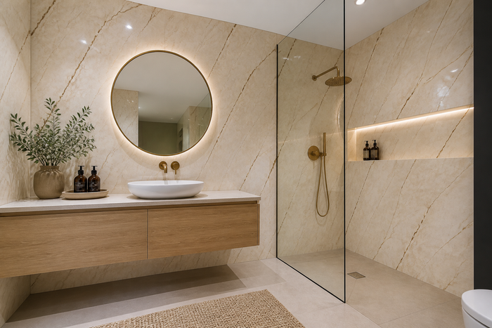 PVC Paneel Marmor Beige Hochglanz im Raum
