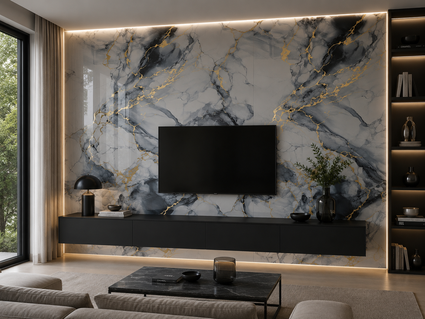 PVC Paneel Marmor Blau-Gold Hochglanz