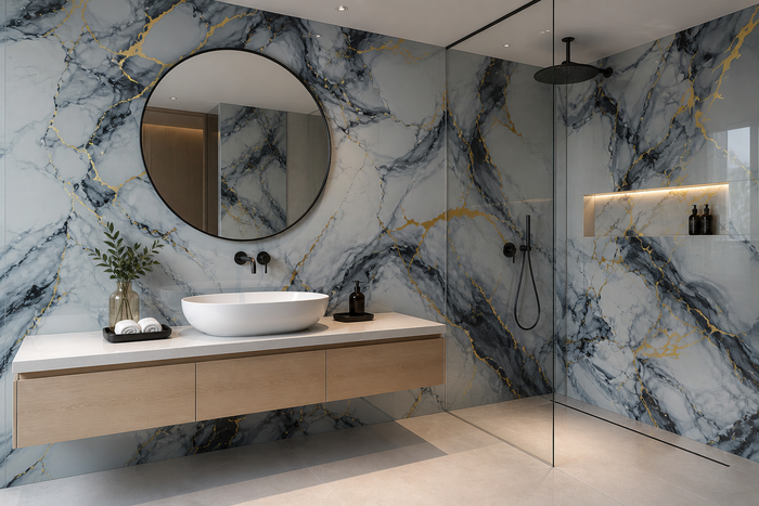 PVC Paneel Marmor Blau-Gold Hochglanz im Raum