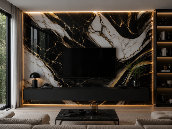 PVC Paneel Marmor Schwarz-Weiß-Gold Hochglanz