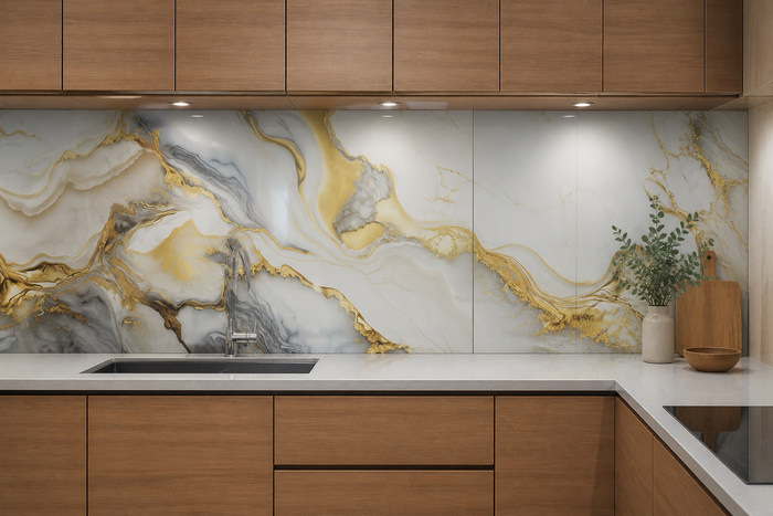 PVC Paneel Marmor Weiß-Gold-Grau Hochglanz im Raum