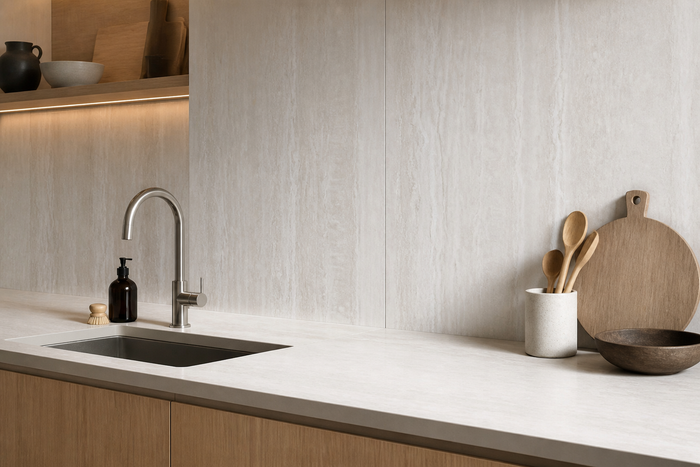 PVC Paneel Travertin Beige Struktur im Raum
