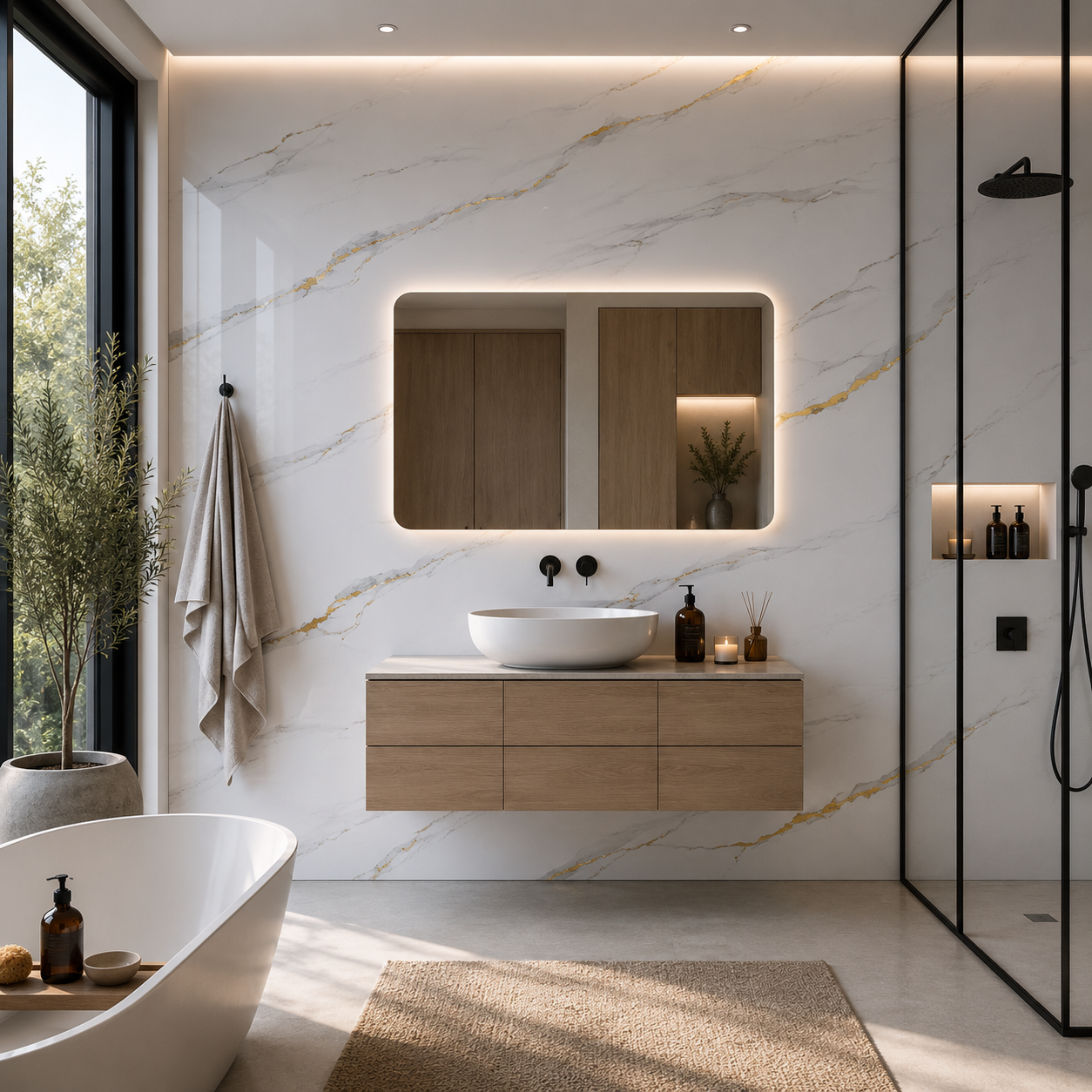 PVC Paneel Marmor Weiß-Gold mit Ader Hochglanz