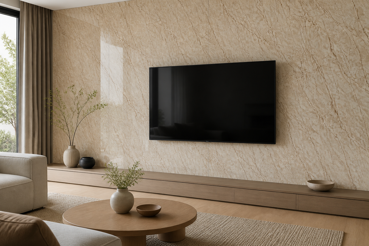 Selbstklebende PVC-Rolle Marmor Beige im Raum