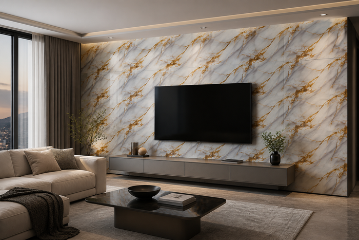 Selbstklebende PVC-Rolle Marmor Creme-Gold Onyx im Raum