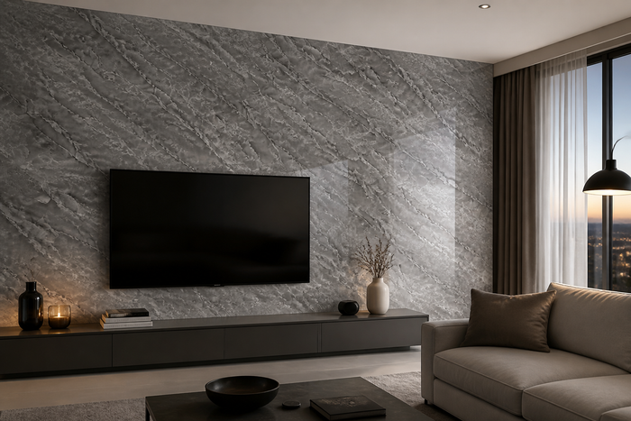 Selbstklebende PVC-Rolle Marmor Grau (Wolke) im Raum
