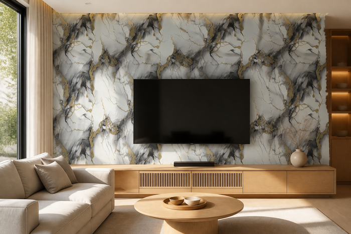 Selbstklebende PVC-Rolle Marmor Weiß-Gold Anthrazit im Raum