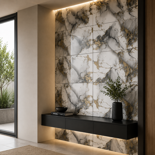 Selbstklebende Marmor-Fliese Grau-Gold