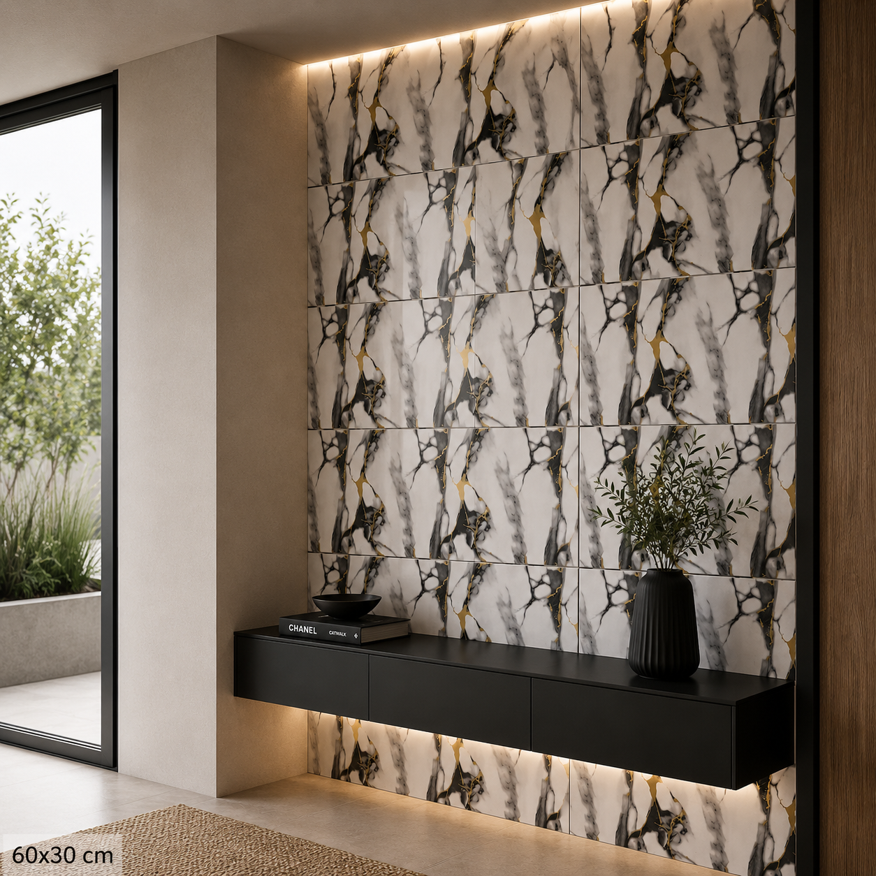 Selbstklebende Marmor-Fliese Schwarz-Weiß-Gold