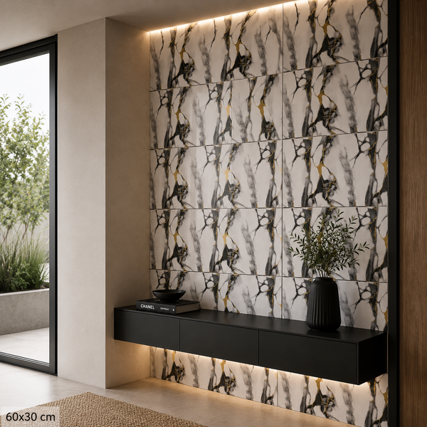 Selbstklebende Marmor-Fliese Schwarz-Weiß-Gold