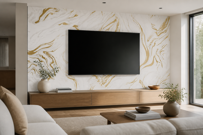 Selbstklebende Marmor-Fliese Weiß-Gold (Wirbel) im Raum