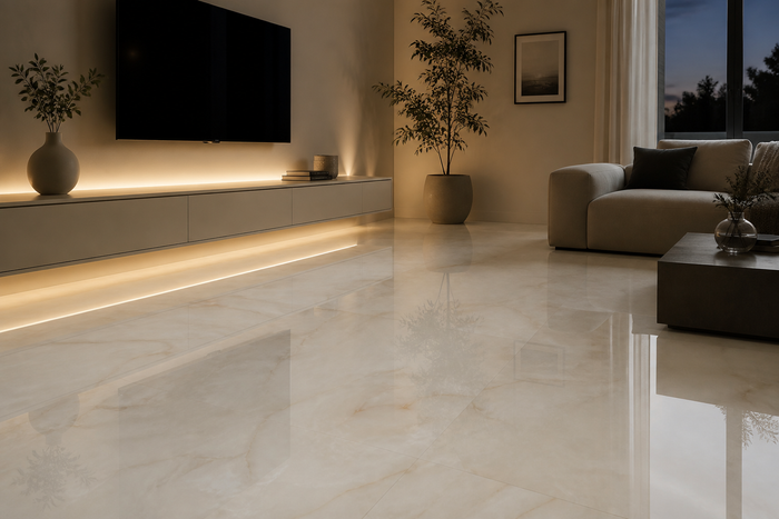Vinylboden Onyx Creme Hochglanz im Raum